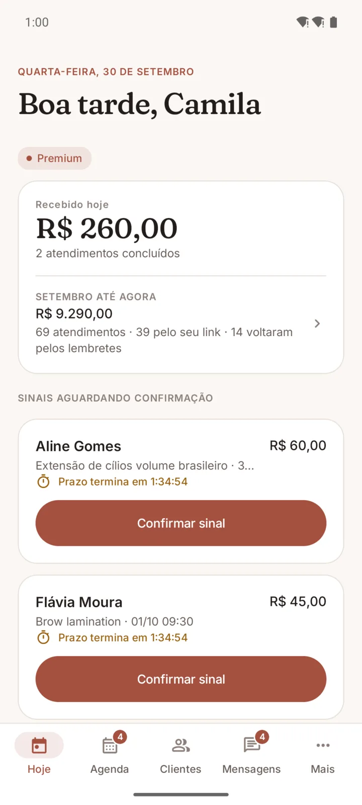 A tela Hoje do Arqueia: R$ 260,00 recebidos hoje, R$ 9.290,00 no mês e dois sinais aguardando confirmação.