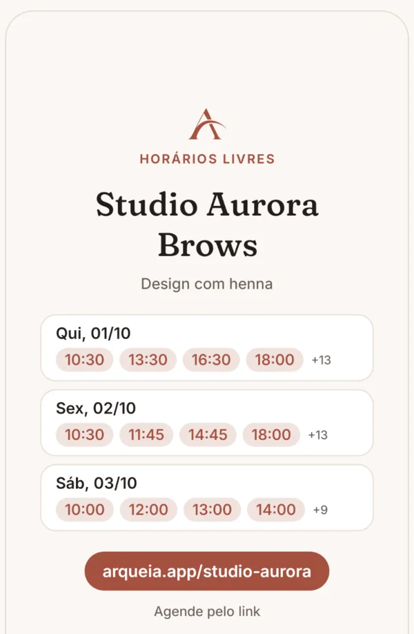 Imagem de divulgação com os horários livres dos próximos dias e o link do estúdio.