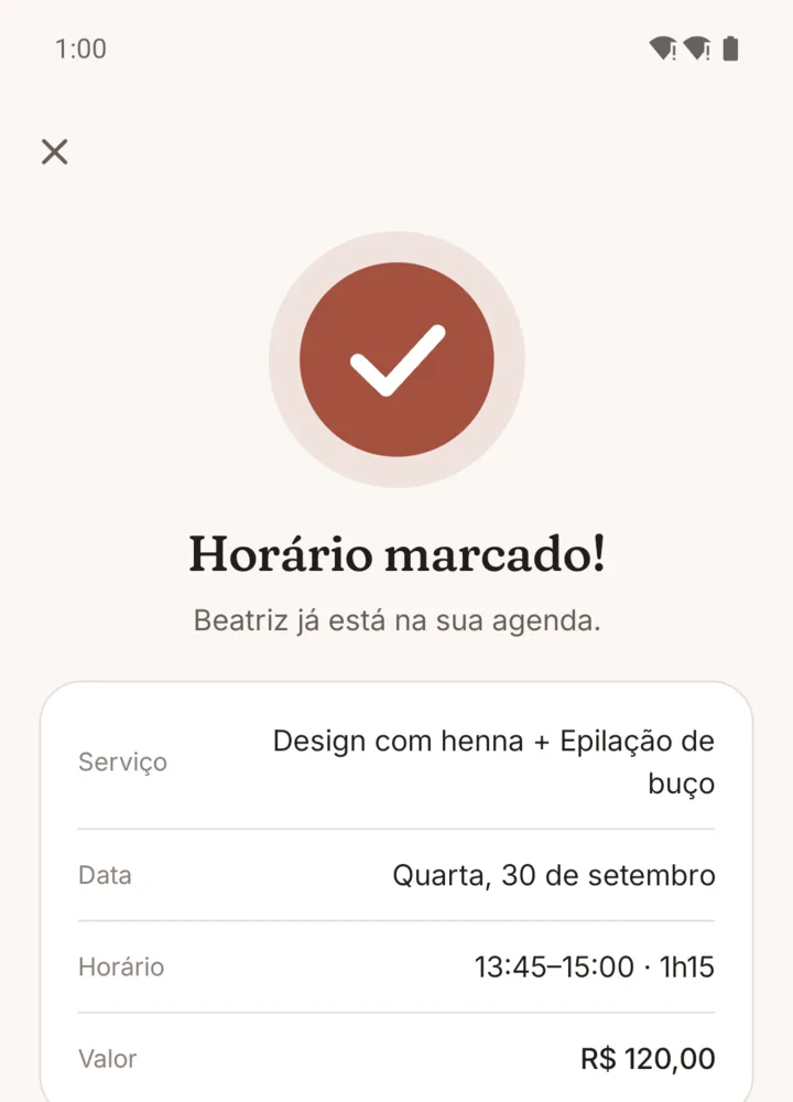 Horário marcado: o resumo com serviço, data, horário e valor.